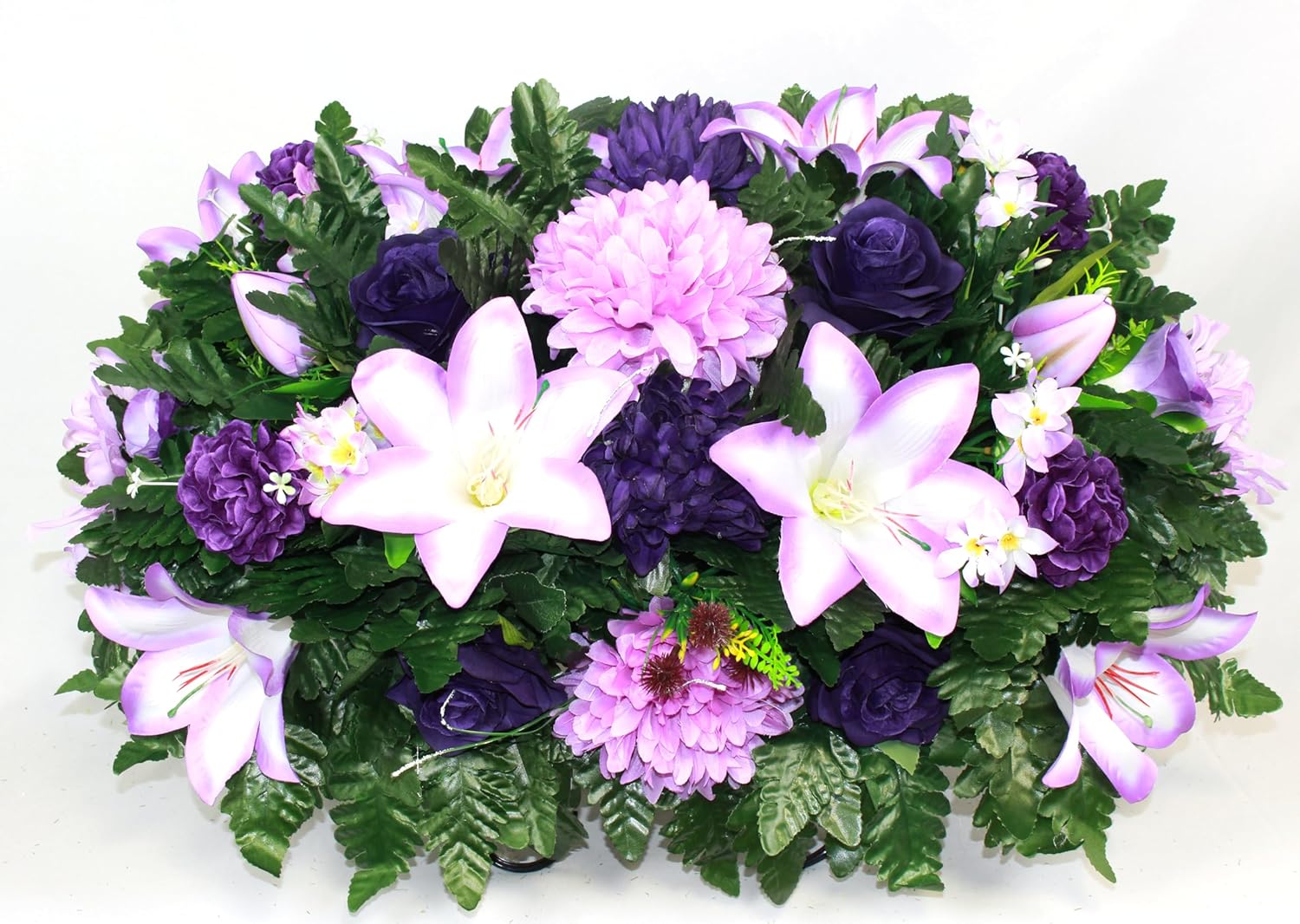 XL Handcrafted Purple Lilies, Roses and Mums Headstone Flower Saddle for Grave-Grave Decorations-Memorial Flowers