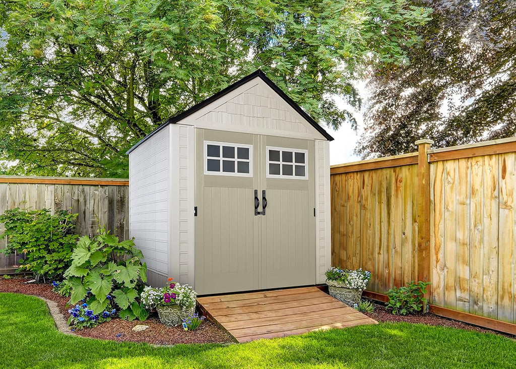 Rubbermaid Resin Outdoor Storage Shed with Floor, 7 x 7 Ft, Beige/Brown Q789479