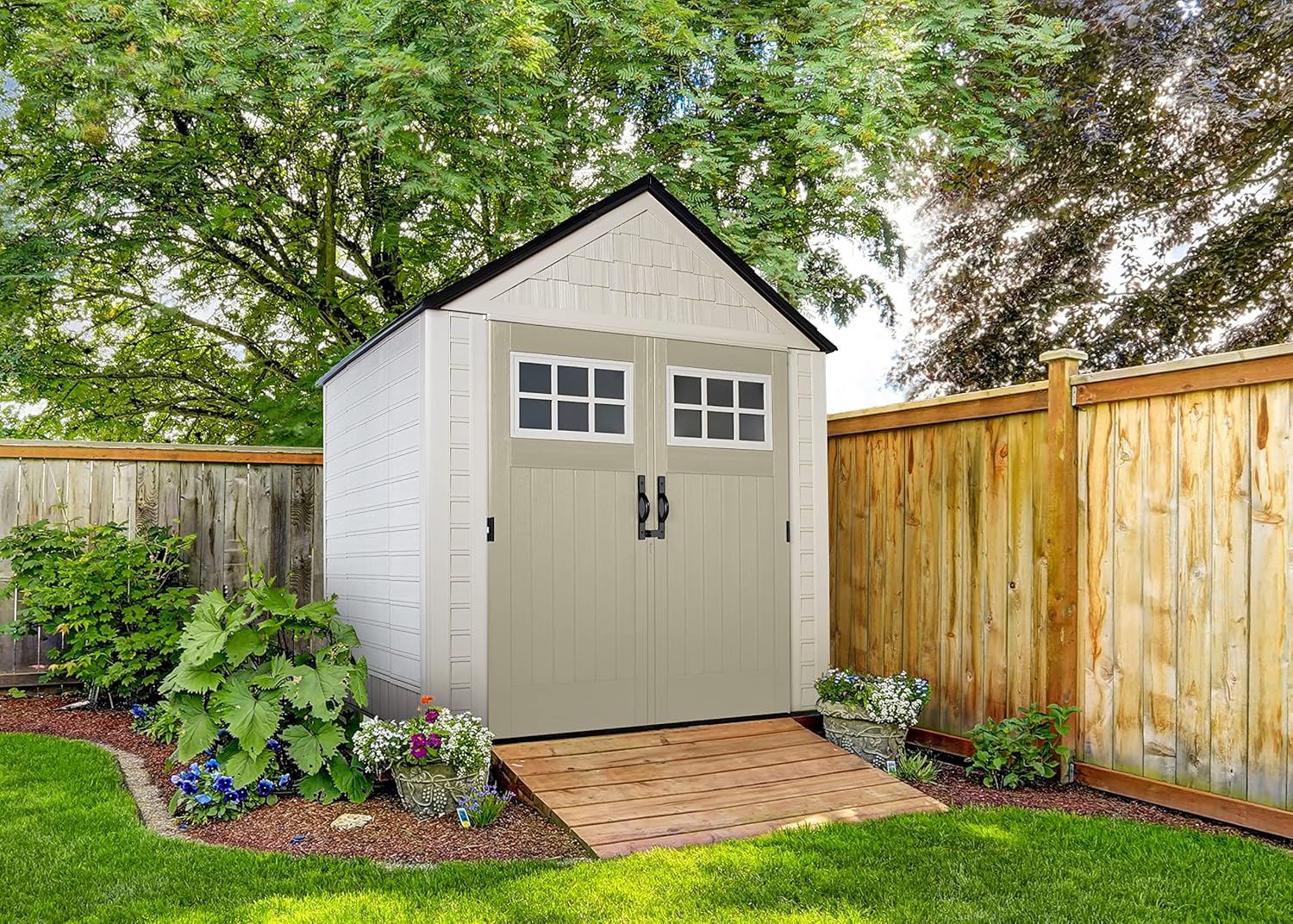 Rubbermaid Resin Outdoor Storage Shed with Floor, 7 x 7 Ft, Beige/Brown Q789479