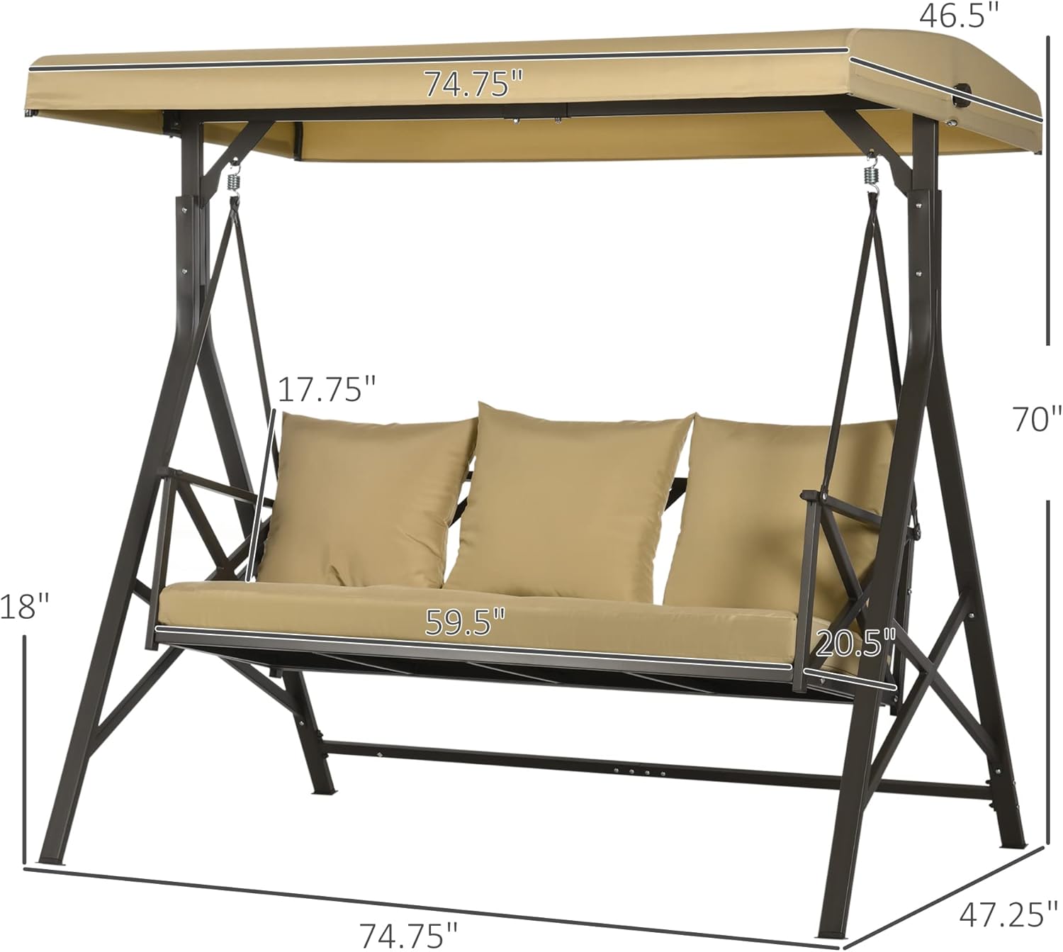 3-Seat Patio Swing Chair with Cushion, Pillows & Canopy, Khaki C961372
