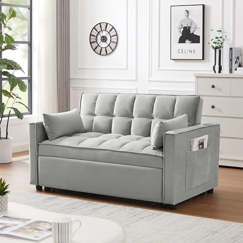 Homtique Pull Out Sleeper Sofa Bed, 55" Tufted Velvet Convertible Loveseat Futon V827