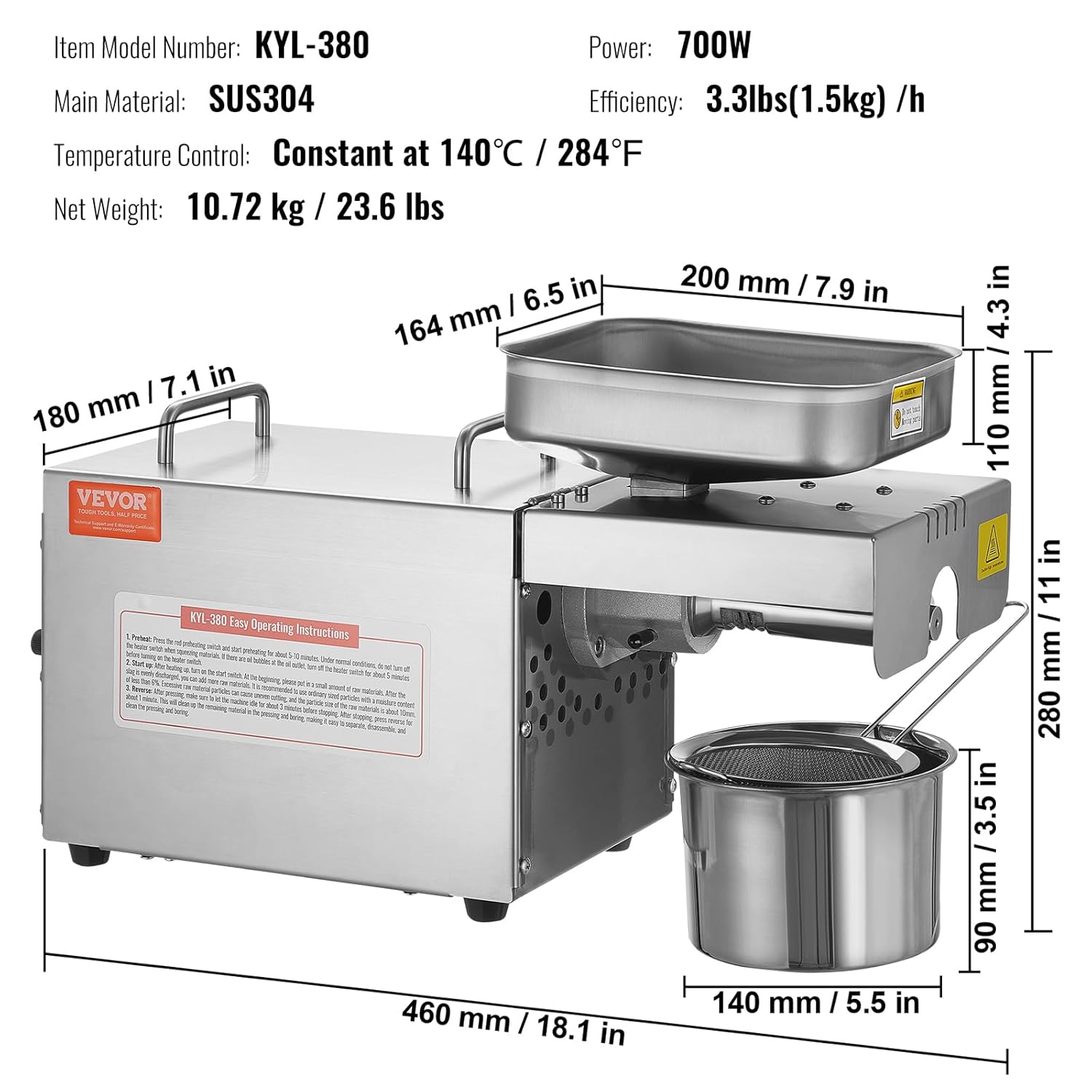 VEVOR Electric Oil Press Machine 700W Stainless Steel Oil Extractor D1175