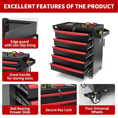 Rolling Tool Chest, Metal Tool Box with 5 Drawers, Lockable Garage Storage Cabinet Q978