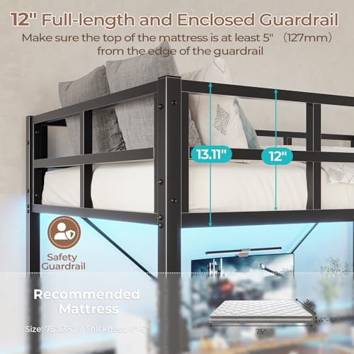 DICTAC Twin Loft Bed with Ladder and Guardrail, LED Lights, White B3802