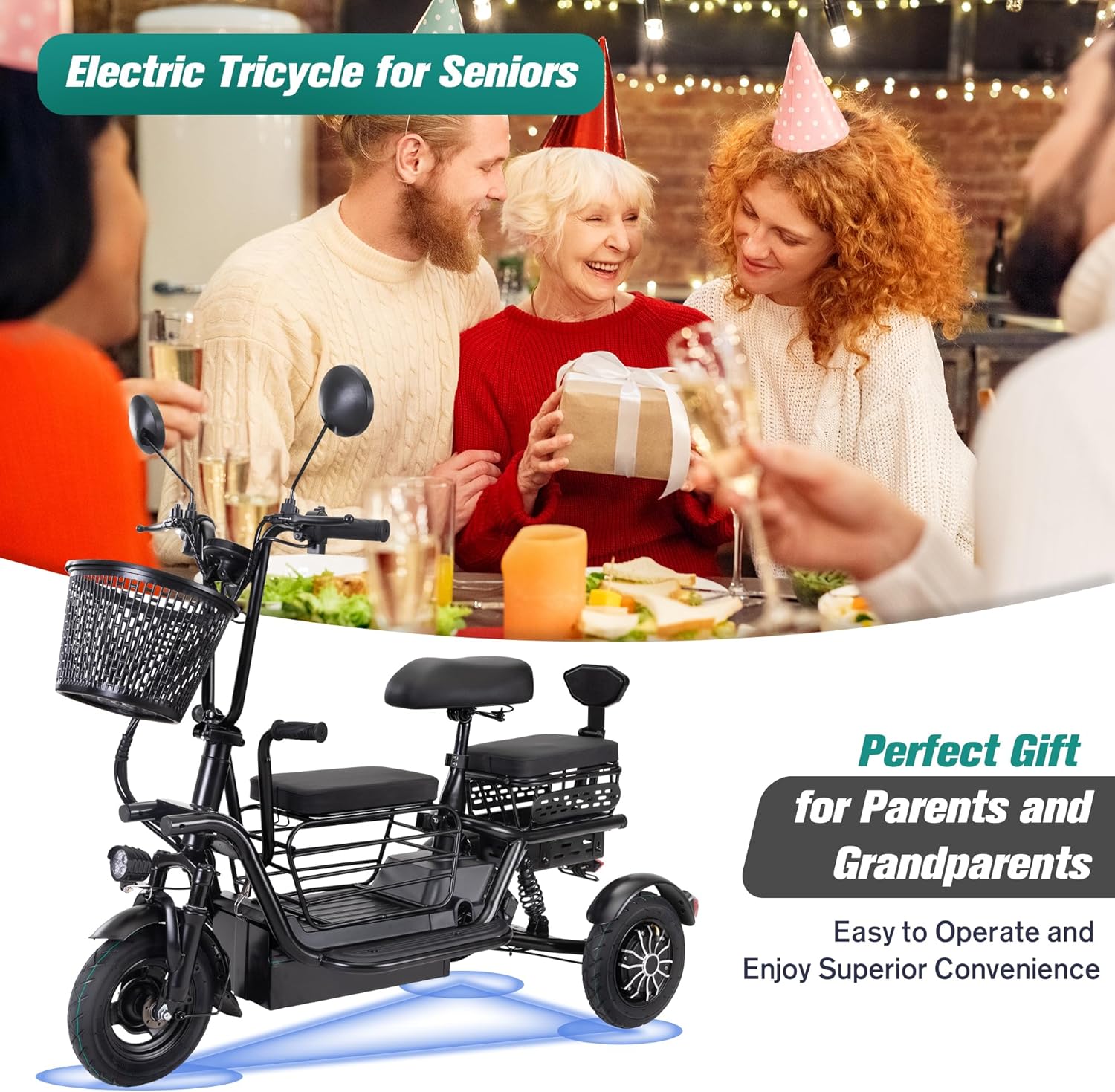 Foldable Electric Tricycle for Adults with 3 Seats, 48V 400W, Black N832848