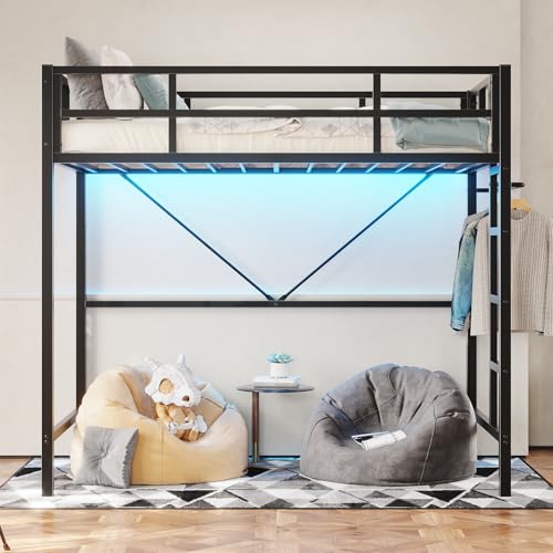 DICTAC Twin Loft Bed with Ladder and Guardrail, LED Lights, White B3802
