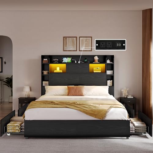 YITAHOME Queen Bed Frame with Bookcase Headboard and 4 Storage Drawers, Black L762695