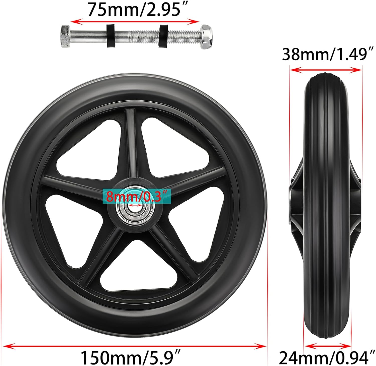 OwnMy 6 Inch Rubber Wheelchair Front Wheels Replacement Casters, Black G989