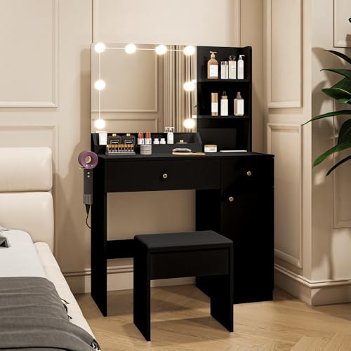 Vanity Desk with Mirror and Lights, Dimmable LED Makeup Table with Drawers and Stool, White K410427