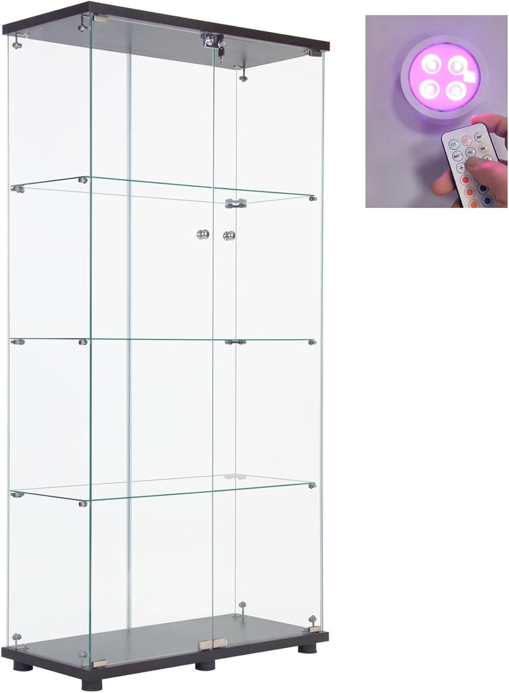 Lighted Two Door Glass Cabinet Glass Display Cabinet with 4 Shelves, Black