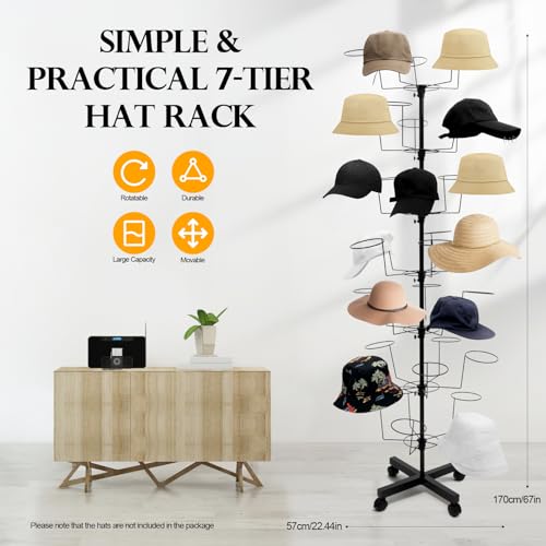 7-Tier Rotating Hat Display Rack, 35 Hooks Metal Freestanding Black S320190