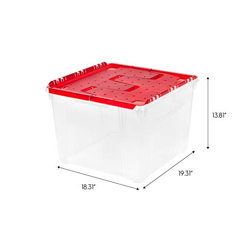 IRIS USA Ornament Storage Box with Attached Lid, 2-Pack, Stackable, Clear/Red F86522