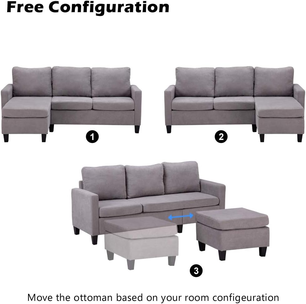 Convertible Sectional Sofa Couch, Linen Fabric L-Shaped with Reversible Chaise, Light Grey E6893