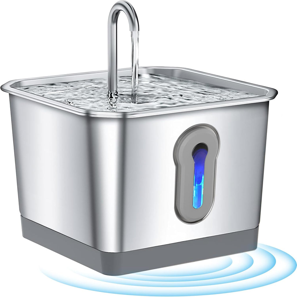 Battery Operated Cat Water Fountain, 3.5L/118oz Stainless Steel Dog Water Fountain with Motion Sensor, Automatic Wireless Water Dispenser Indoor for Pets with Water Level Window, Multi-Filtration