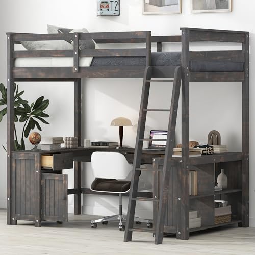 Harper & Bright Designs Full Size Loft Bed with Desk, Bookshelf, Solid Wood Loft Bed Frame with Storage Drawers and Bedside Tray, Charging Station (White)
