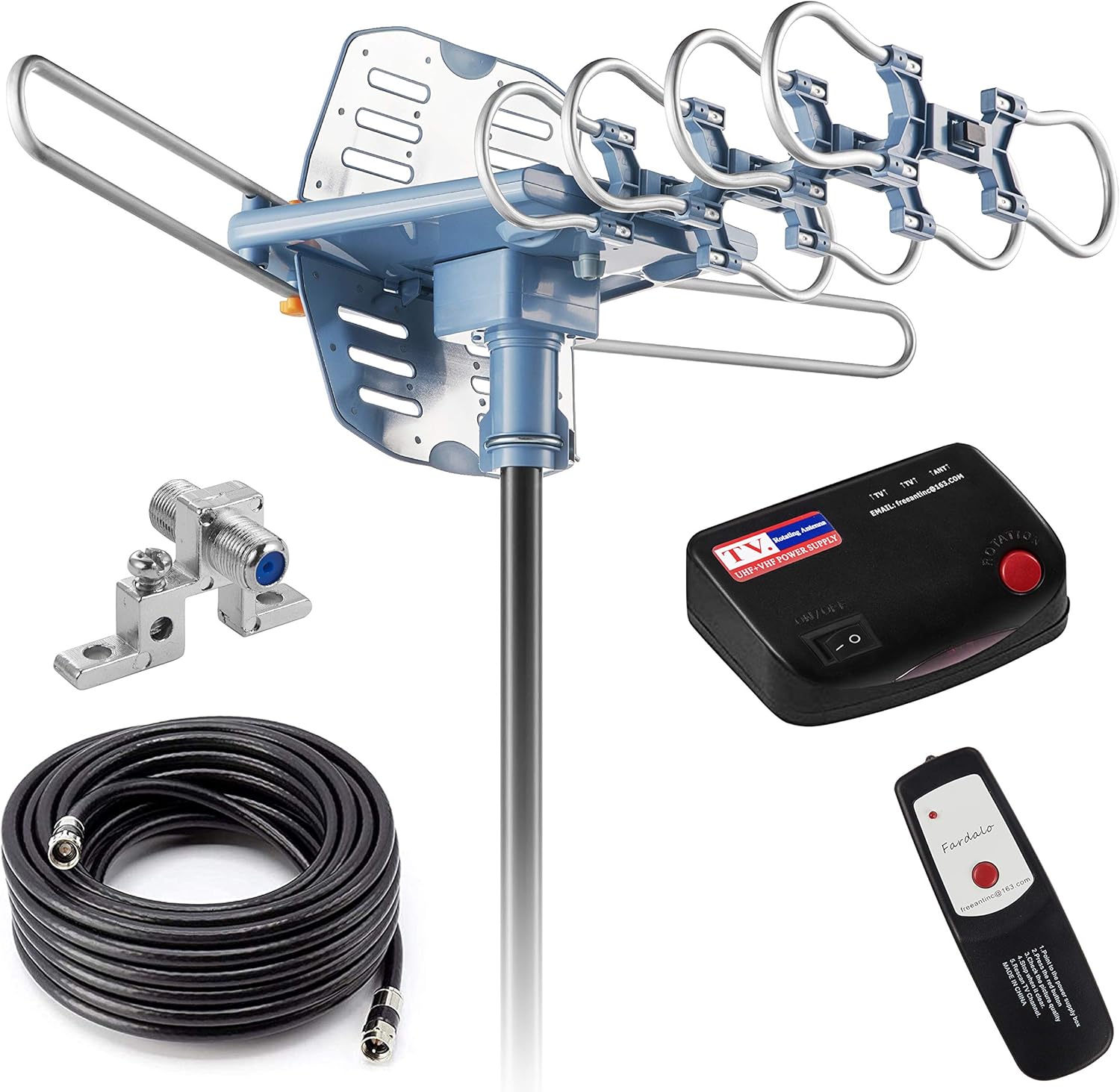 Updated!150 Miles-Amplified Outdoor TV Antenna-4K/1080p High Reception+60FT RG6 Cable-360°Strong Motor Rotation Wireless Remote- Snap On Installation+2TV Function