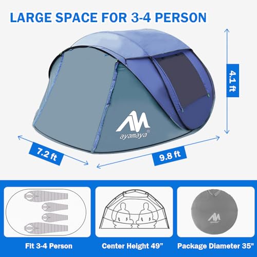 4 Person Pop Up Tent for Camping - AYAMAYA Waterproof Instant Family Tent with Skylight and Removable Rainfly I990