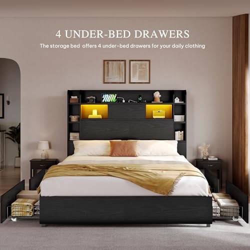 YITAHOME Queen Bed Frame with Bookcase Headboard and 4 Storage Drawers, Black L762695