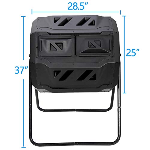 Outdoor Compost Bin Dual Chamber Tumbling 43 Gallon with Steel Frame, Black H3213
