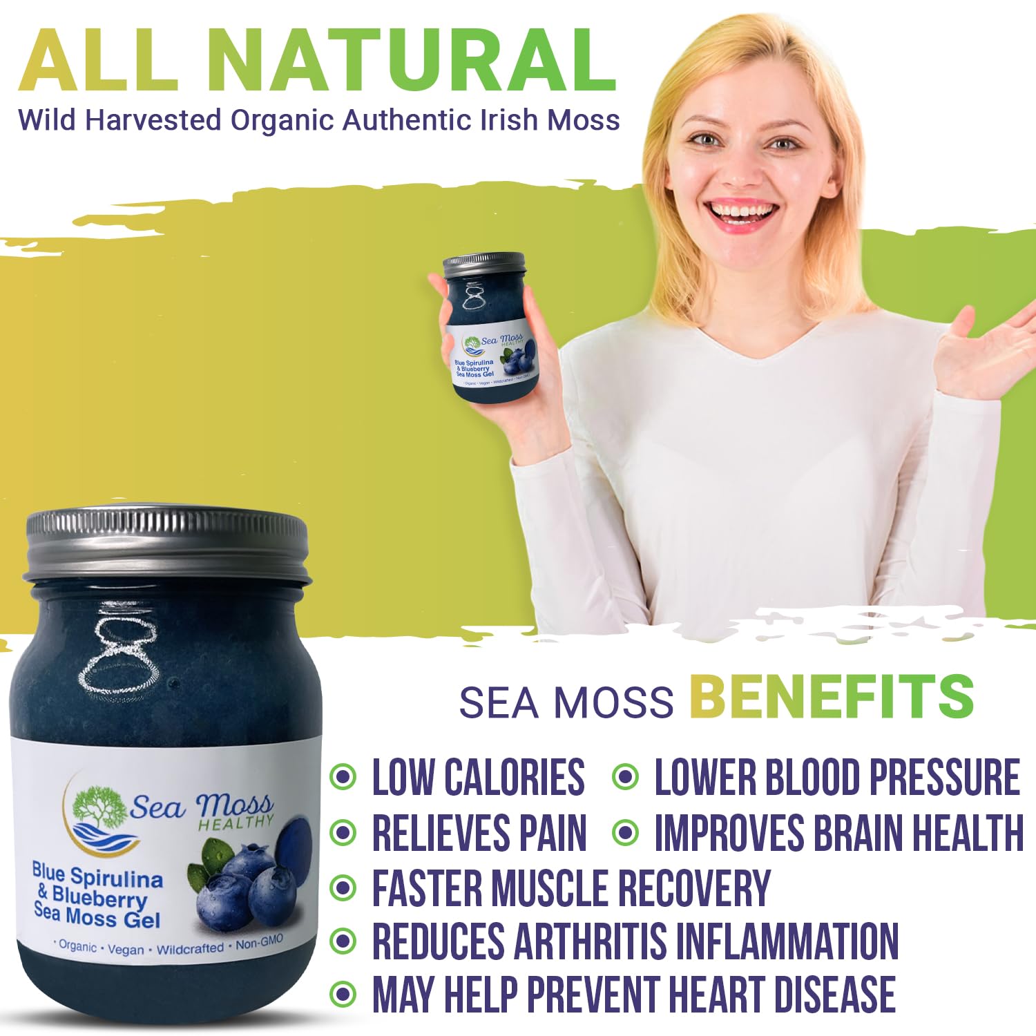 Sea Moss Gel Wild Harvested Non-GMO Vegan Blue Spirulina Blueberry 16 oz B850219