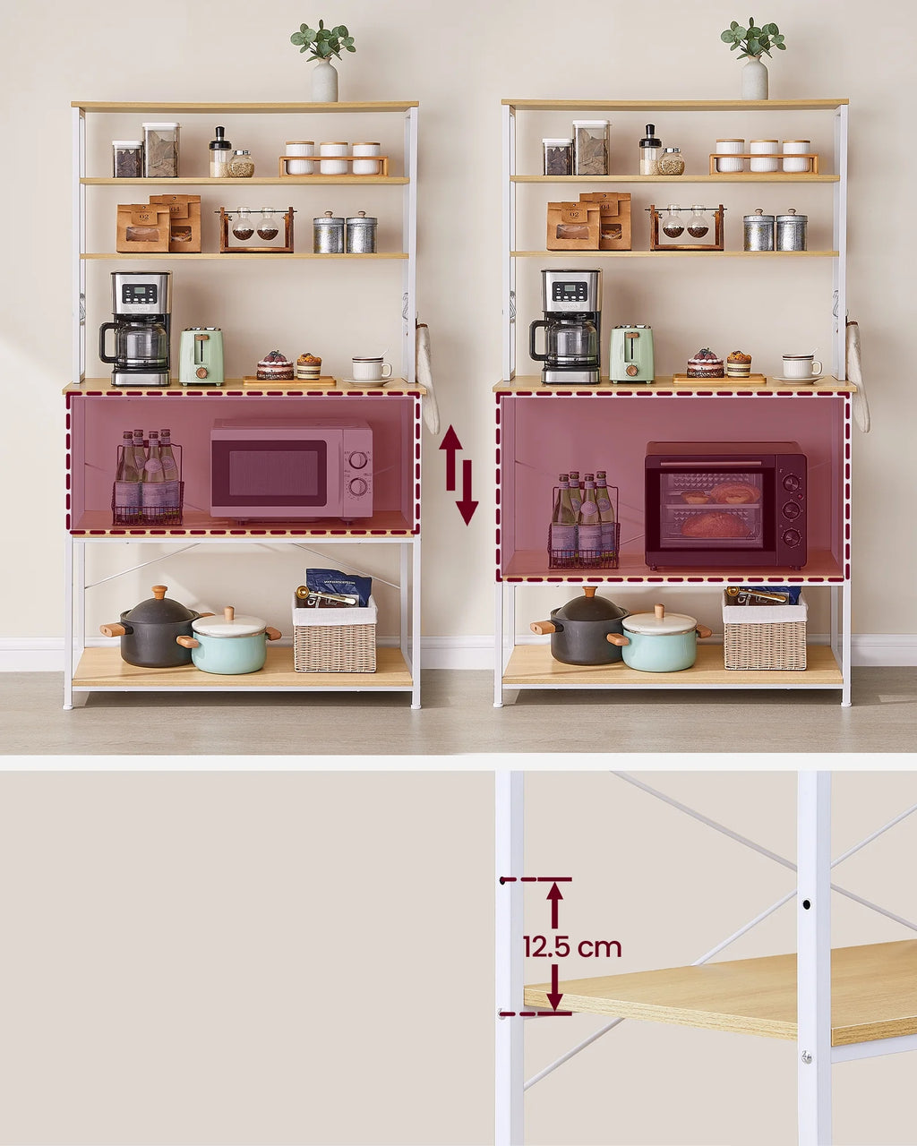 VASAGLE Coffee Bar Kitchen Baker’s Rack with Storage Shelf and 6 Hooks, Oak and White X692914