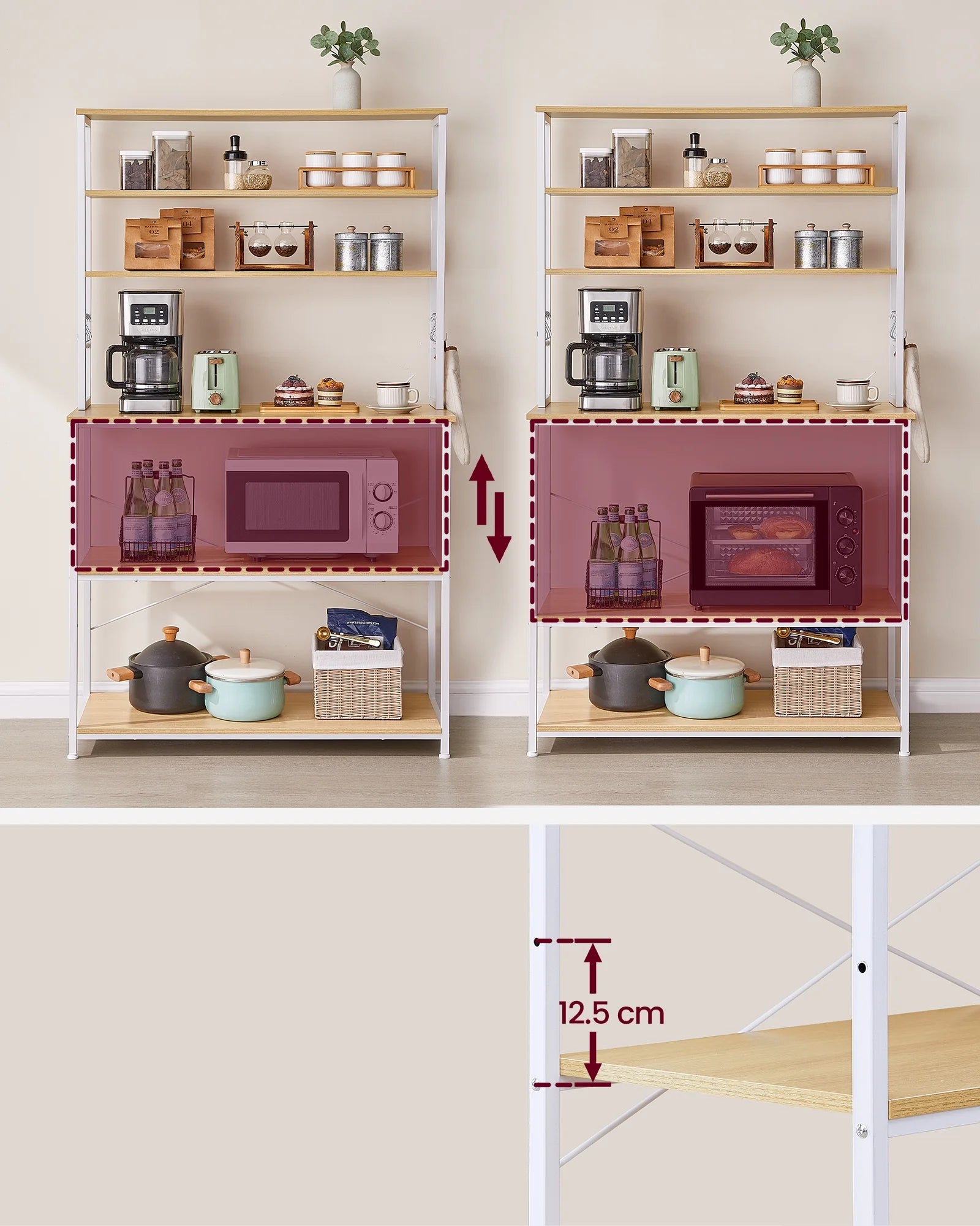 VASAGLE Coffee Bar Kitchen Baker’s Rack with Storage Shelf and 6 Hooks, Oak and White X692914