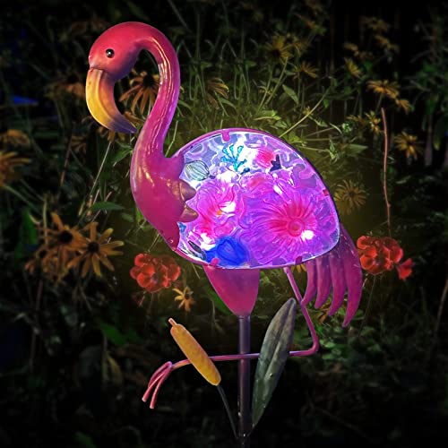 Flamingo Solar Garden Lights, Glass & Metal Yard Decor H502