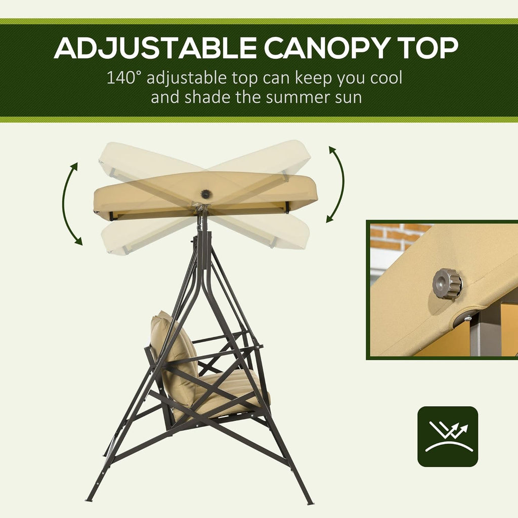 3-Seat Patio Swing Chair with Cushion, Pillows & Canopy, Khaki C961372