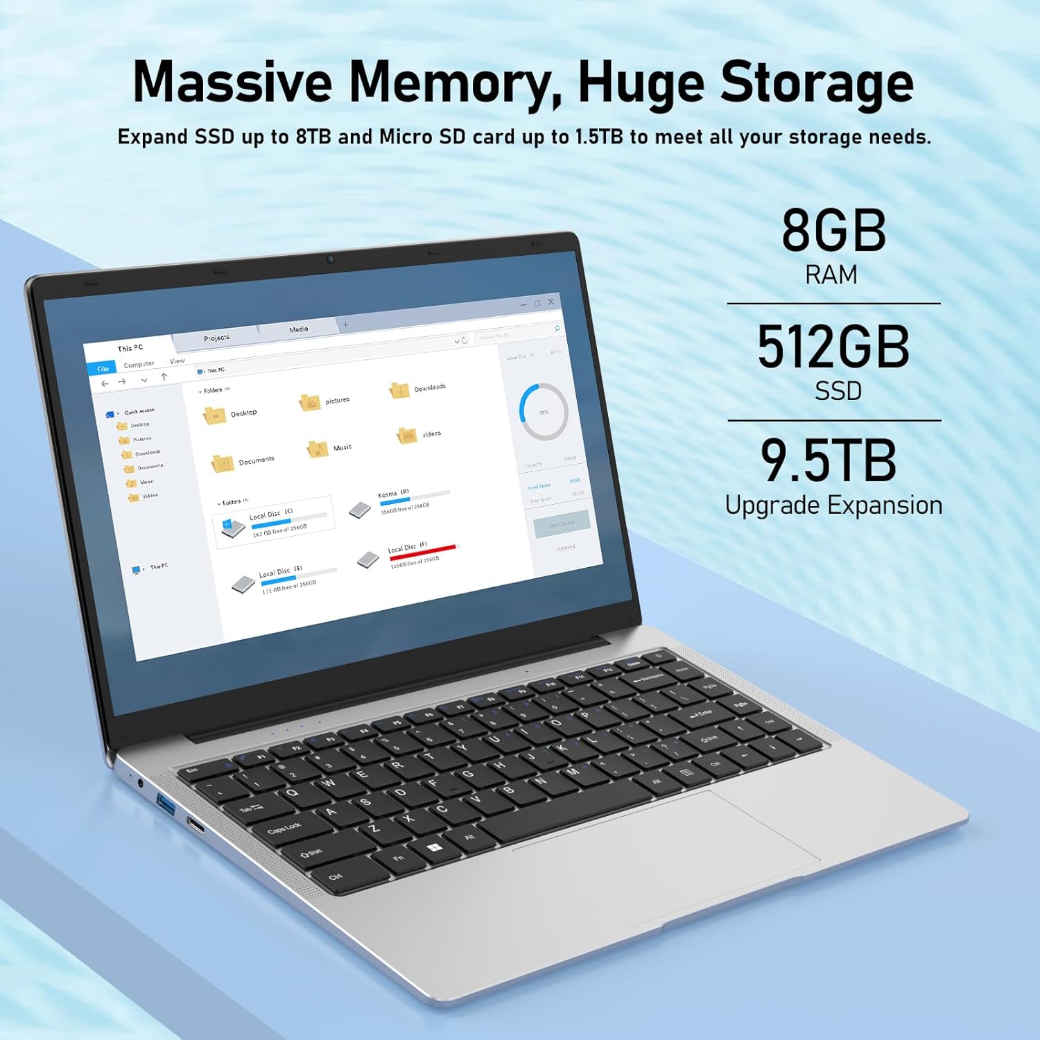 14.1" FHD Windows 11 Pro Laptop, Intel Celeron, 8GB RAM 512GB SSD U52429