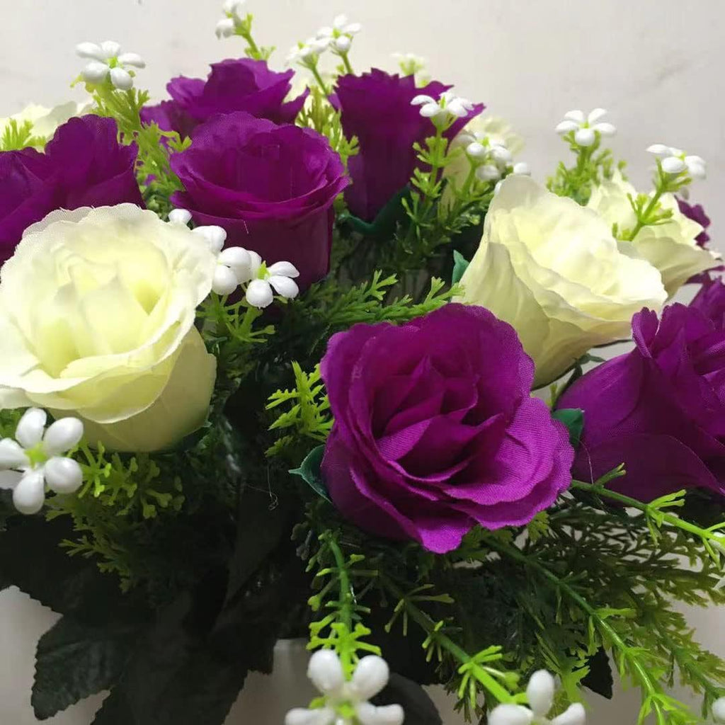 Artificial Cemetery Rose Flowers for Outdoor Grave Decorations, Purple/White A9159