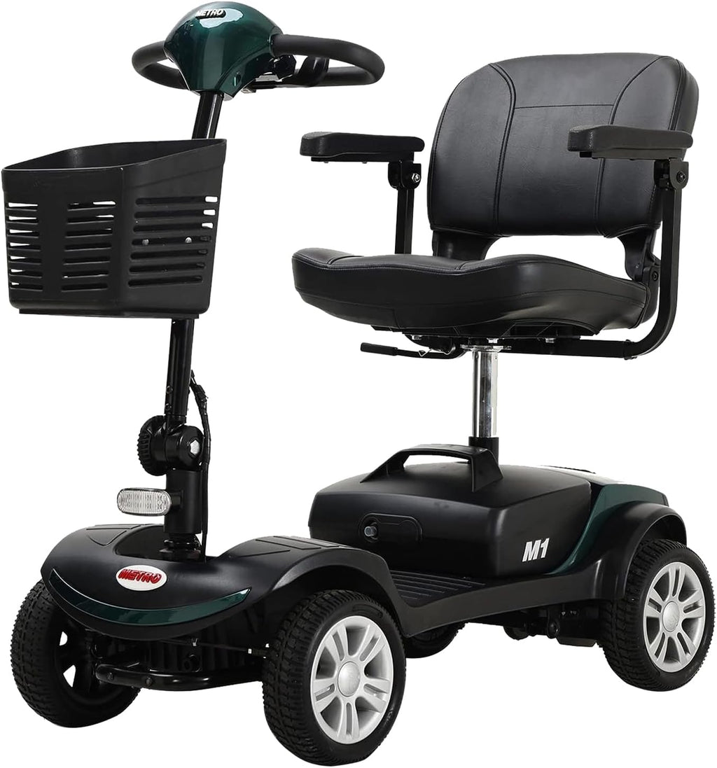Electric Mobility Scooter for Adults Seniors Wheelchair Device for Travel 4 Wheel Folding Scooter with Seat-300 lbs Max Weight Long Range Power Extended Battery with Charger and Basket - Green