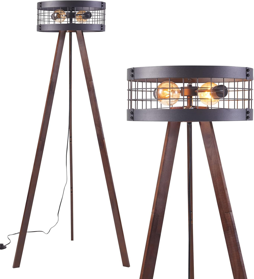 Wood Tripod Floor Lamp,Mid Century Standing Lamp,Farmhouse Floor Lamp for Living Room, Bedroom, and Office, Metal Drum Lamp Shade with E26 Lamp Base