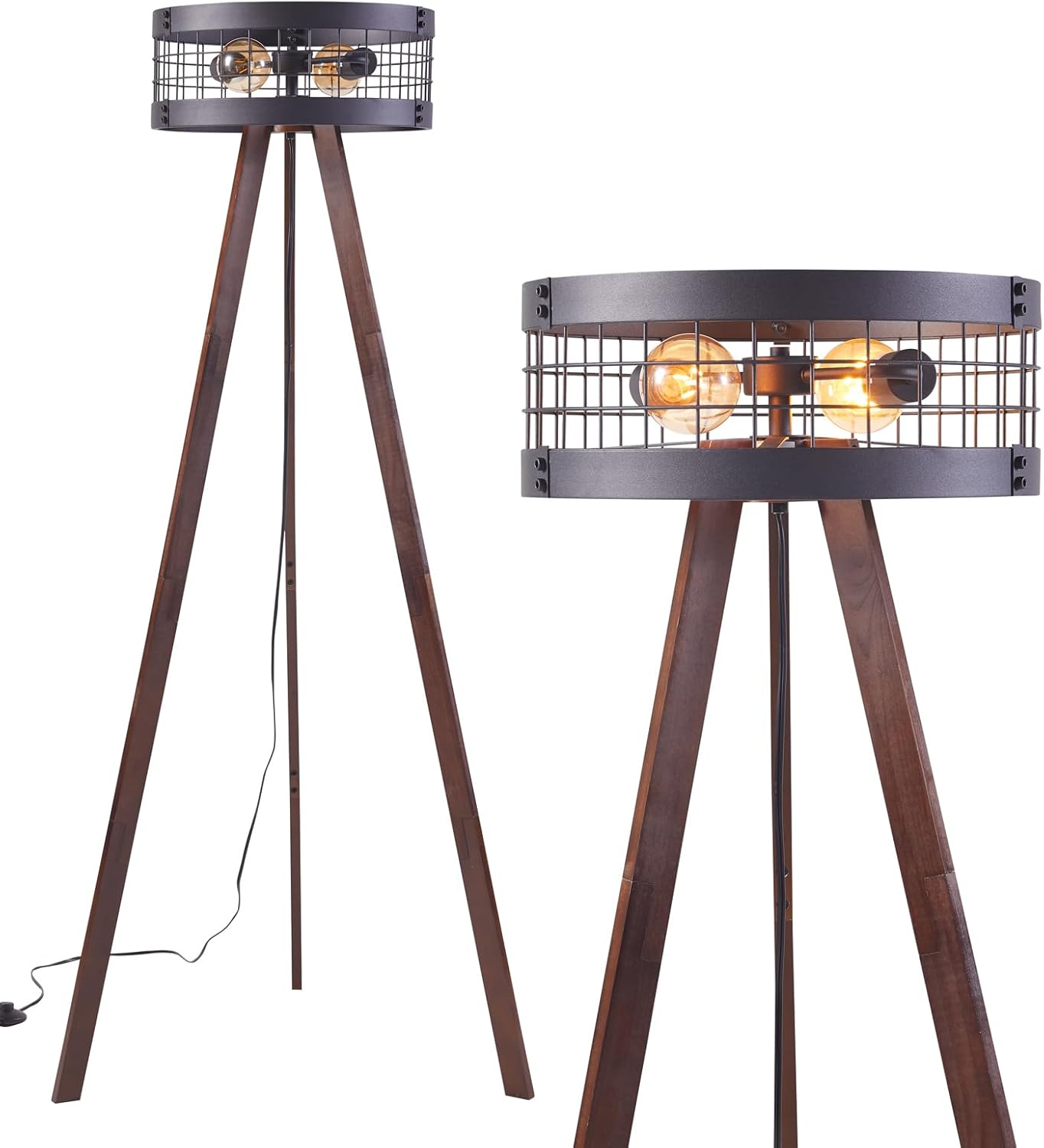 Wood Tripod Floor Lamp,Mid Century Standing Lamp,Farmhouse Floor Lamp for Living Room, Bedroom, and Office, Metal Drum Lamp Shade with E26 Lamp Base