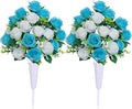 Artificial Cemetery Flower Saddles,Artificial Silk Flower Arrangement for Headstones,Cemetery Memorial Flowers with Vase for Grave Tombstone Decorations (Light Blue, 2 Bouquets)