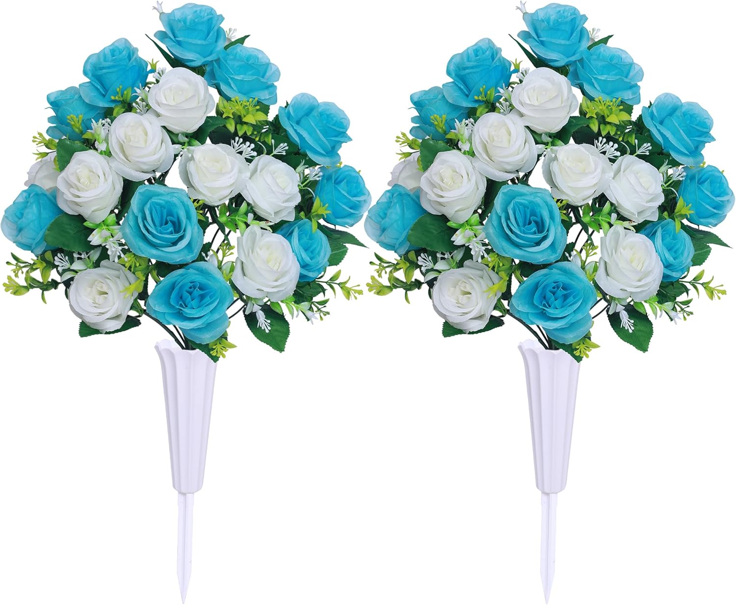 Artificial Cemetery Flower Saddles,Artificial Silk Flower Arrangement for Headstones,Cemetery Memorial Flowers with Vase for Grave Tombstone Decorations (Light Blue, 2 Bouquets)