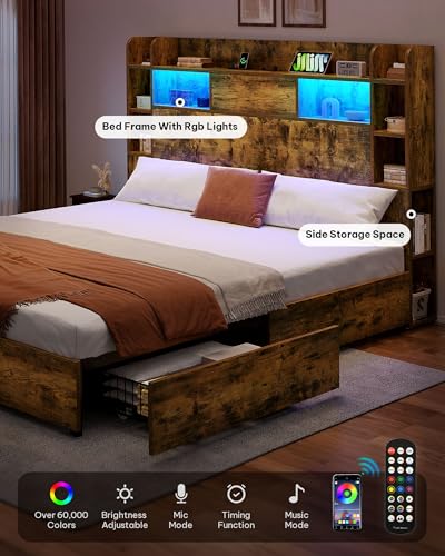 YITAHOME Queen Bed Frame with Bookcase Headboard and 4 Storage Drawers, Black L762695