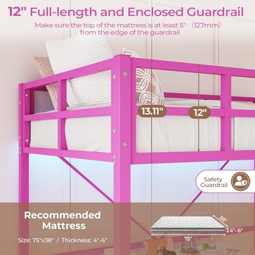 DICTAC Twin Loft Bed with Ladder and Guardrail, LED Lights, White B3802