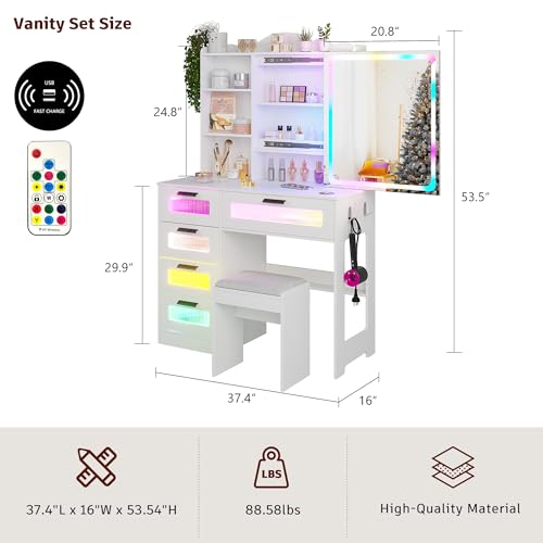 White Vanity Desk with Mirror and Lights, Charging Station, Stool D623487