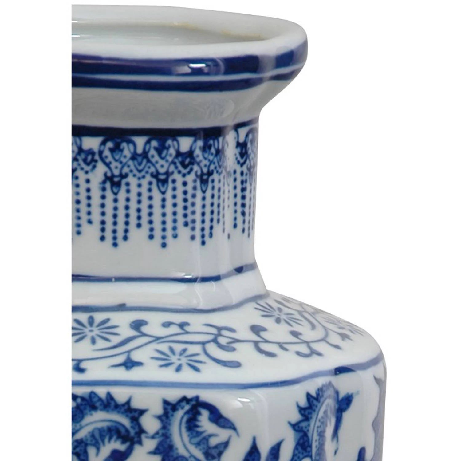 Oriental Furniture 12" Floral Blue & White Porcelain Vase H27442