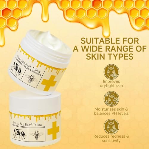 Grass Fed Beef Tallow Balm with Raw Honey for Face and Body, 2 Pack E5036