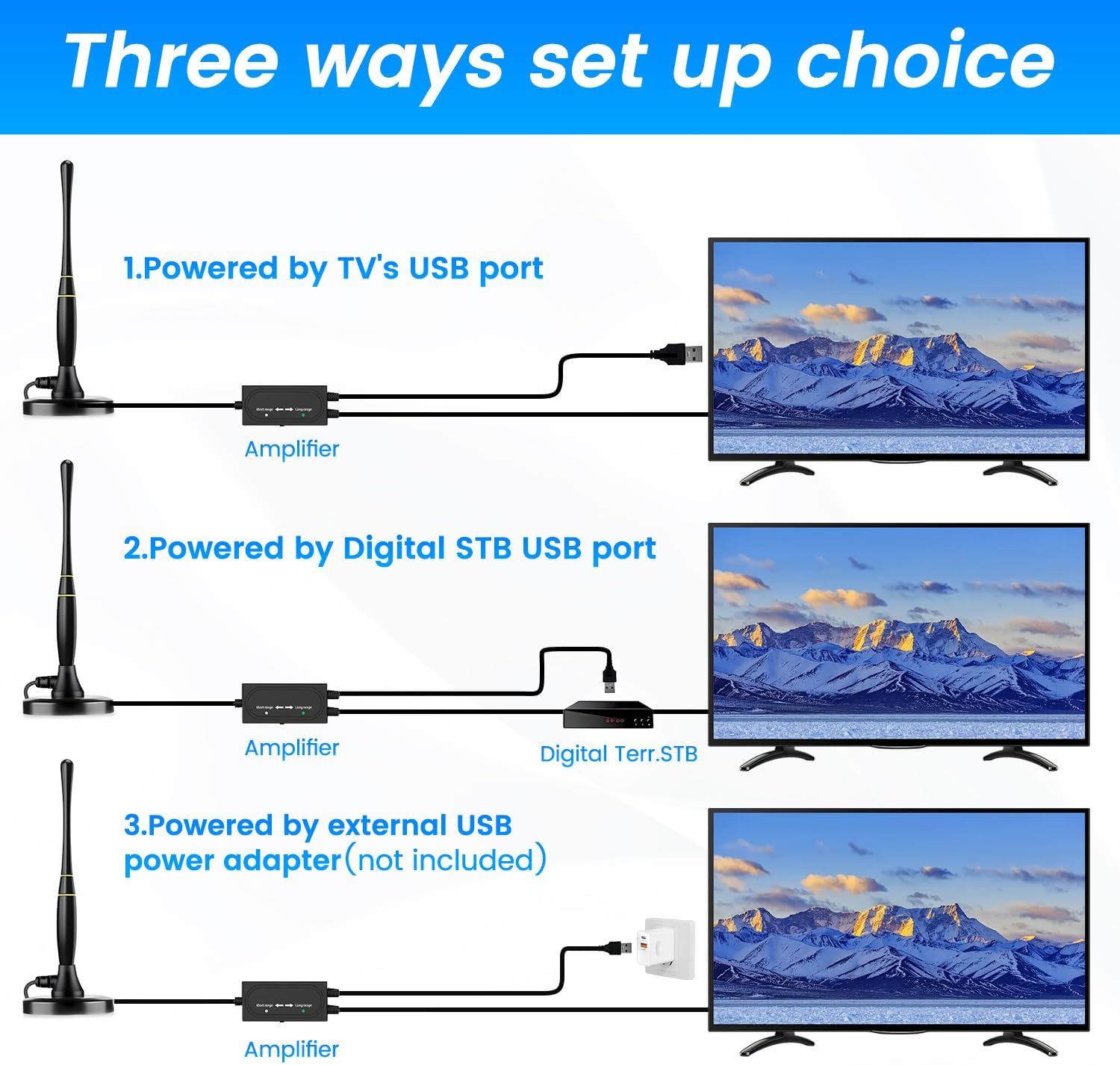 Vassink TV Antenna Indoor for Smart TV 4K HDTV, 380 Miles Range with 16.5FT Coax Cable S65536