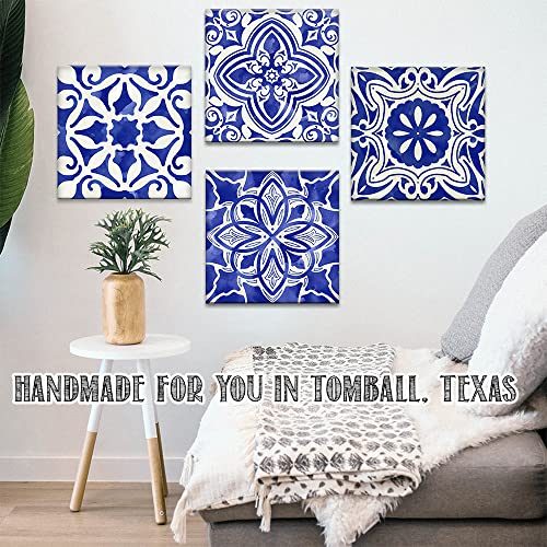 Blue Mosaic Mexican Spanish Tiles Canvas Wall Art 4 Panels Ready to Hang F5386