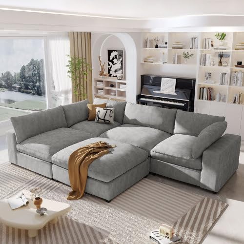 Upholstered Oversize Modular Sofa with Ottoman, 5-Seater, Beige H7229