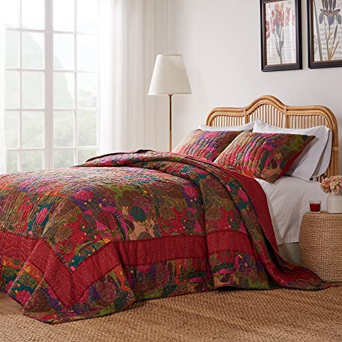 Greenland Home Jewel Cotton Kantha-Quilted Bedspread Set - Jumbo Sized Reversible Quilt Set, 3-Piece King/Cal King Red