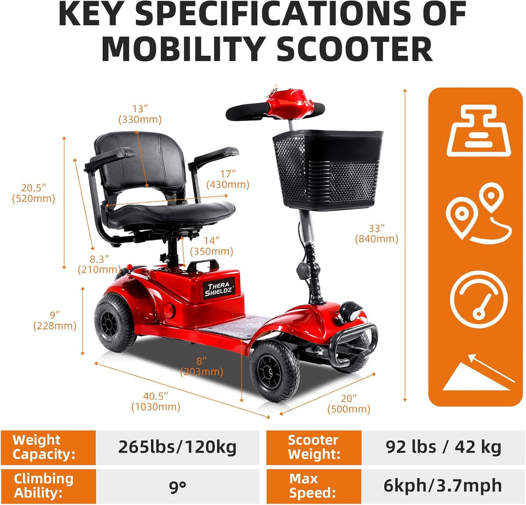 4 Wheel Foldable Mobility Scooter with Basket for Adults and Elderly, Red U746