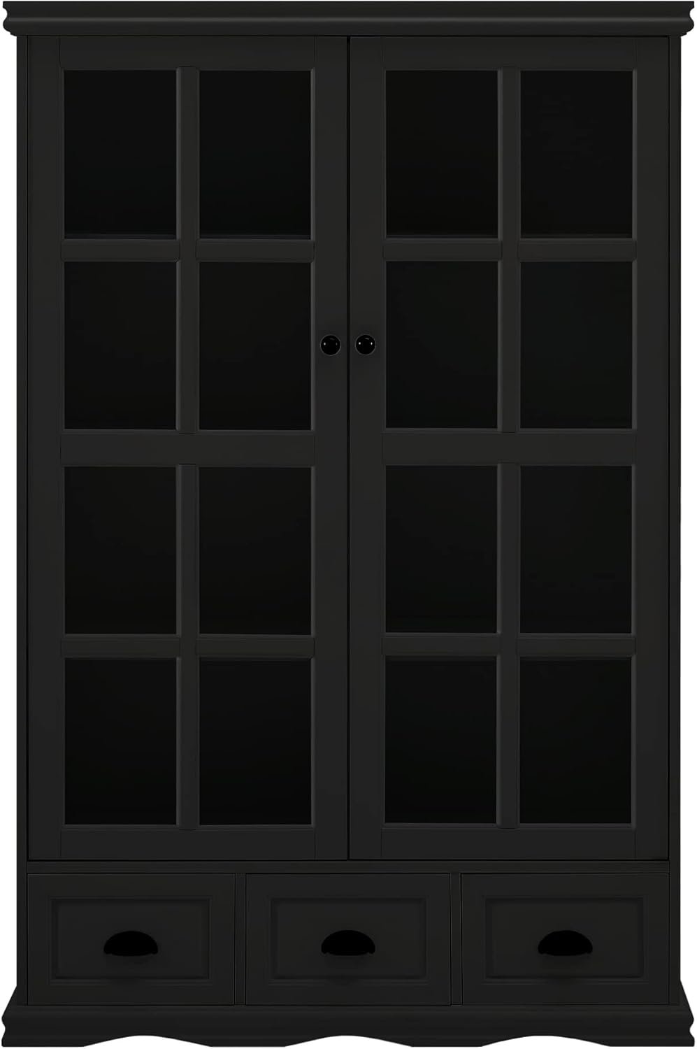 Black Storage Cabinet with Tempered Glass Doors and Drawers G2098