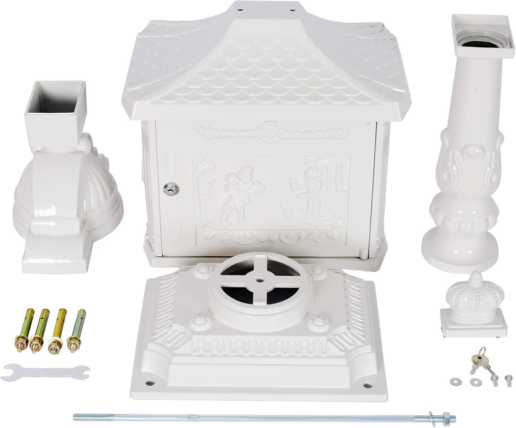 Cast Aluminum Vintage Mailbox with Post, Locking, White L959