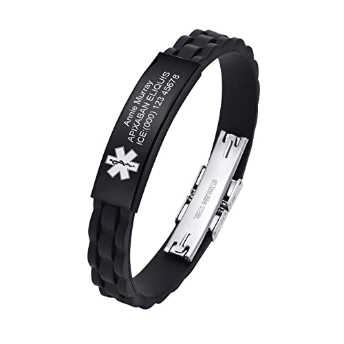 MEALGUET Personalized Medical Alert Bracelet - Custom Silicone Rubber Strap Stainless Steel Medic Identification Wristband Free Engraving Emergency Health Information Bracelet for Women Men Teens