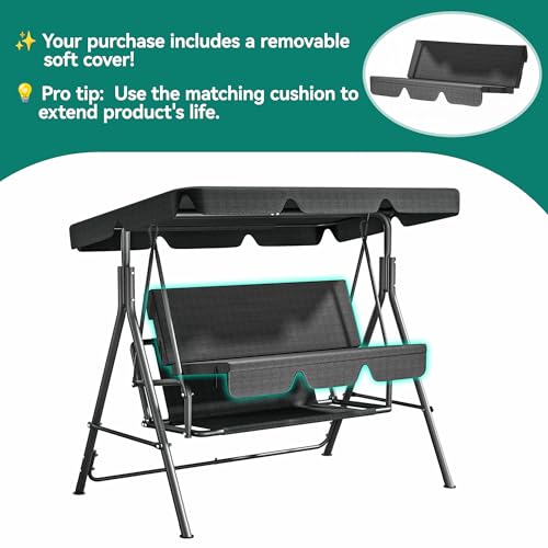 YITAHOME Outdoor Patio Swing Chair 3 Person with Adjustable Canopy, Black P266