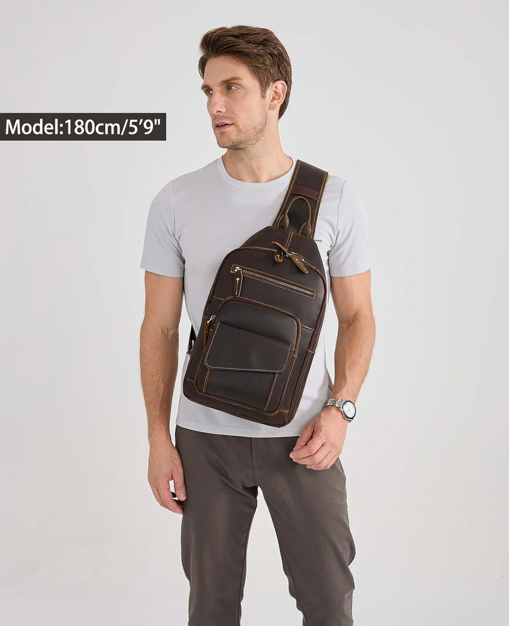 Men's Vintage Full Grain Leather Crossbody Sling Bag with Multi-Pocket, Fits 12.9" iPad G23017
